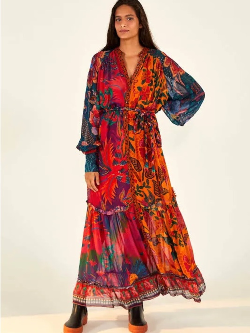 FARM RIO Mixed Prints Button Down Maxi Dress In Mix Print - Picture 1 of 7